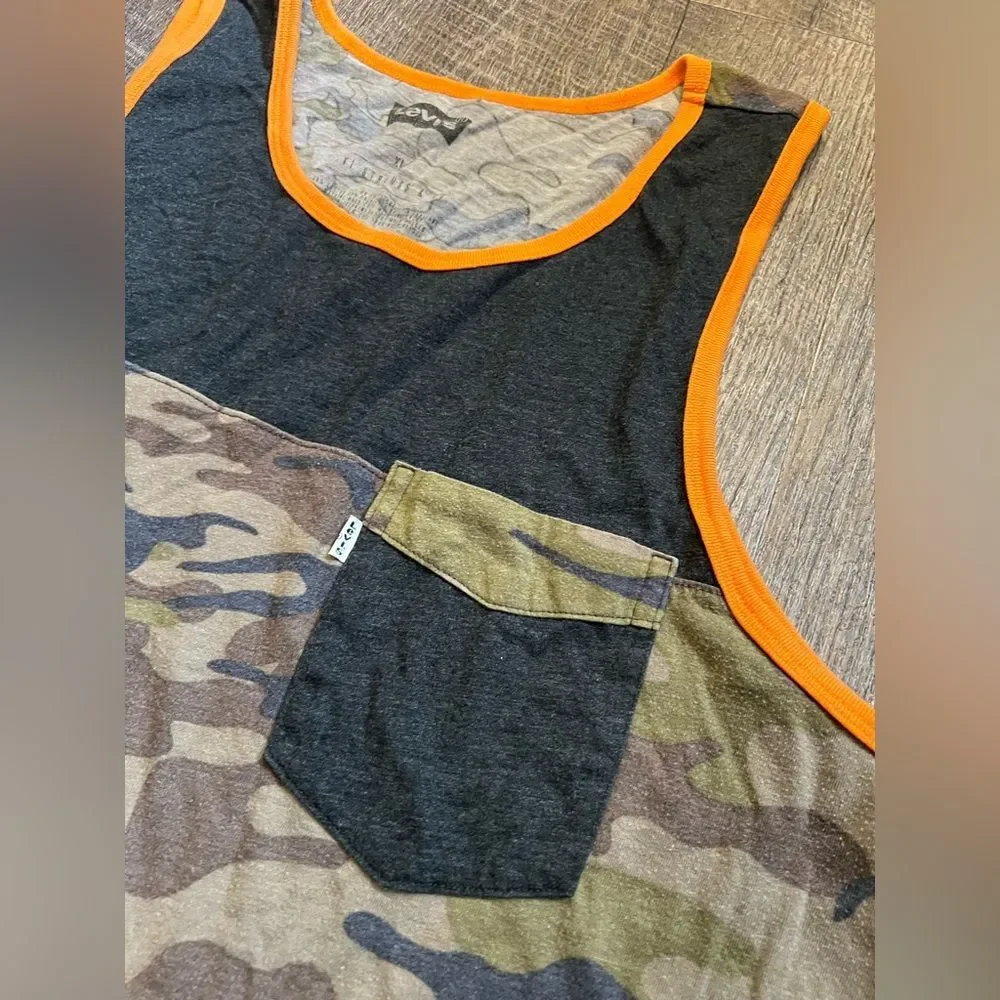 Levi’s Men’s XL Camo Tank Top Colorblock Pocket Black Orange Sleeveless